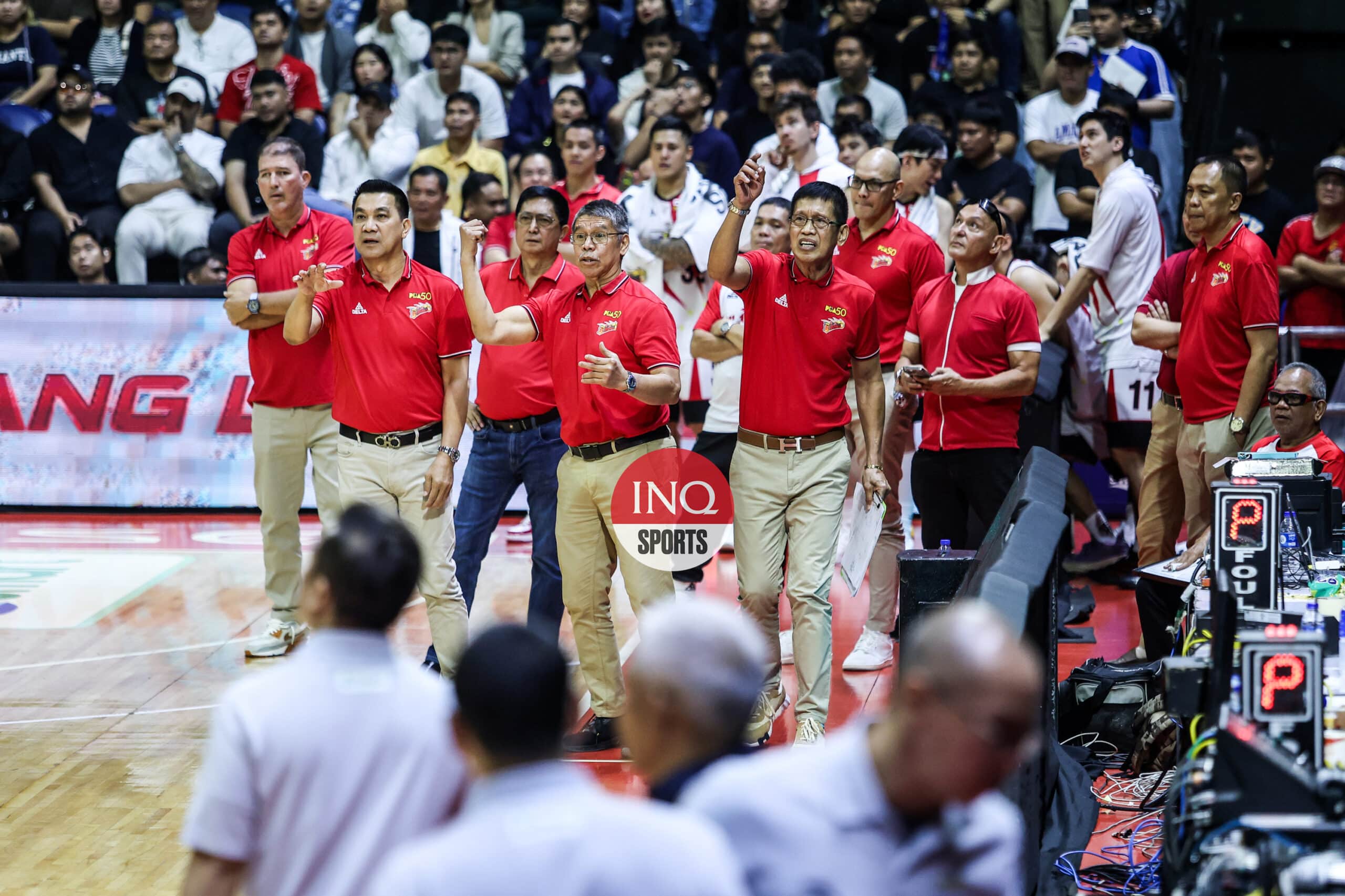 San Miguel Beermen reacts after a controversial review that nullified Mo Tautuaa's dunk and led to TNT win in Game 1 of the PBA Philippine Cup Finals.