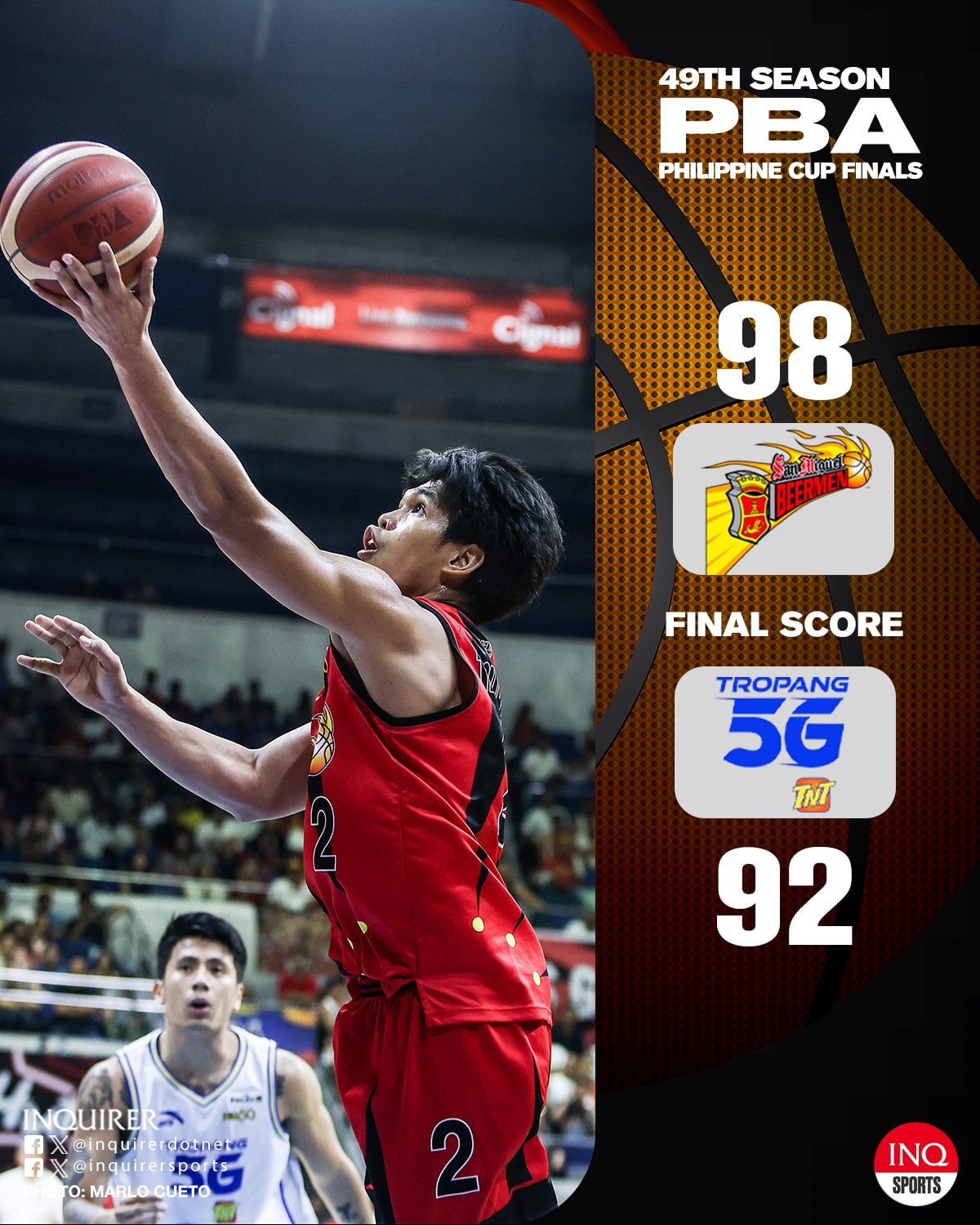 FINAL: San Miguel ties the series at 1-1 with a 98-92 win over TNT in Game 2 of the PBA Philippine Cup Finals.