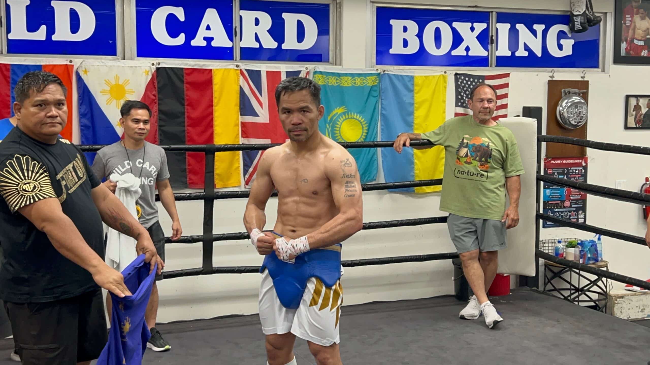 Pacquiao vs barrios Manny Pacquiao poses for photos after the end of. training session at Wild Card Gym in Los Angeles