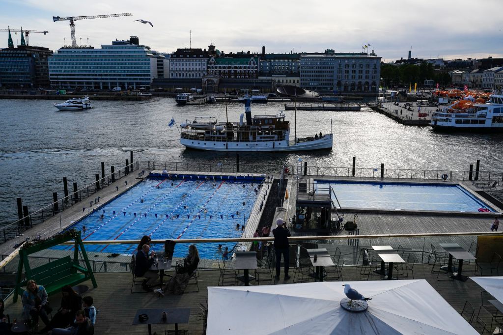 Outdoor swimming pools are seen in a harbor of Helsinki,