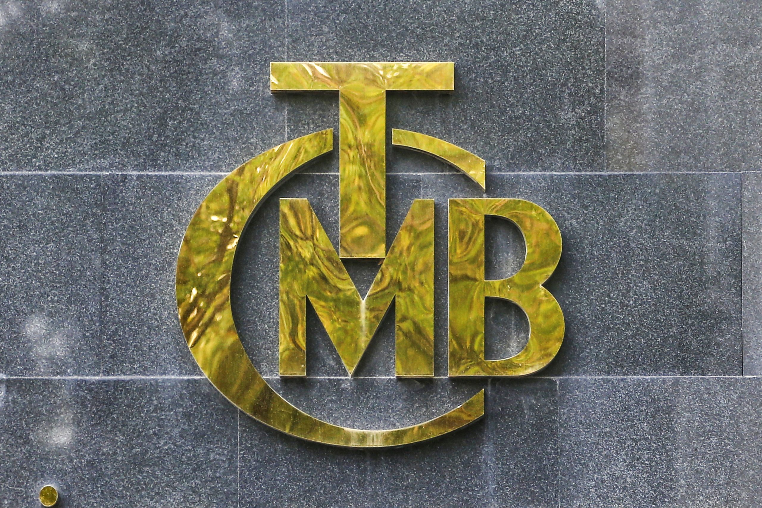 A logo of Turkey's Central Bank is pictured at the entrance of its headquarters in Ankara