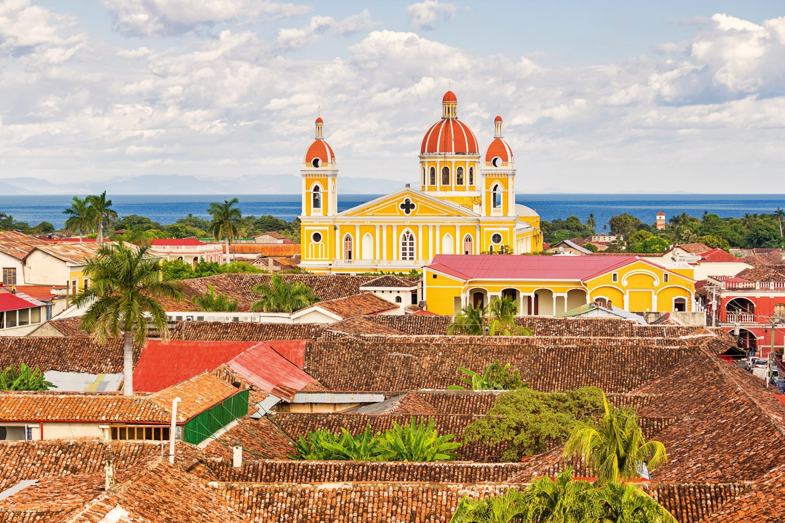 A colourful, domed church rising from the low-roofed and palm-tree-dotted city below; the ocean in the background.