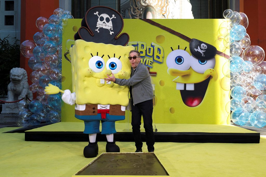 SpongeBob SquarePants leaves its prints in cement in the forecourt of the TCL Chinese theatre, in Los Angeles