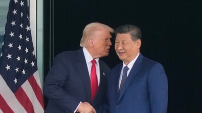 President Donald Trump and Chinese President Xi Jinping shake hands after their US-China summit meeting at Gimhae International Airport in Busan, South Korea on October 30, 2025. (AP)