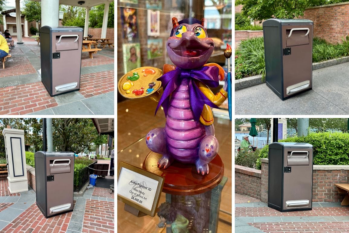 Collage of four gray trash cans at EPCOT outdoors, with a purple dragon figurine holding a paint palette in the center.