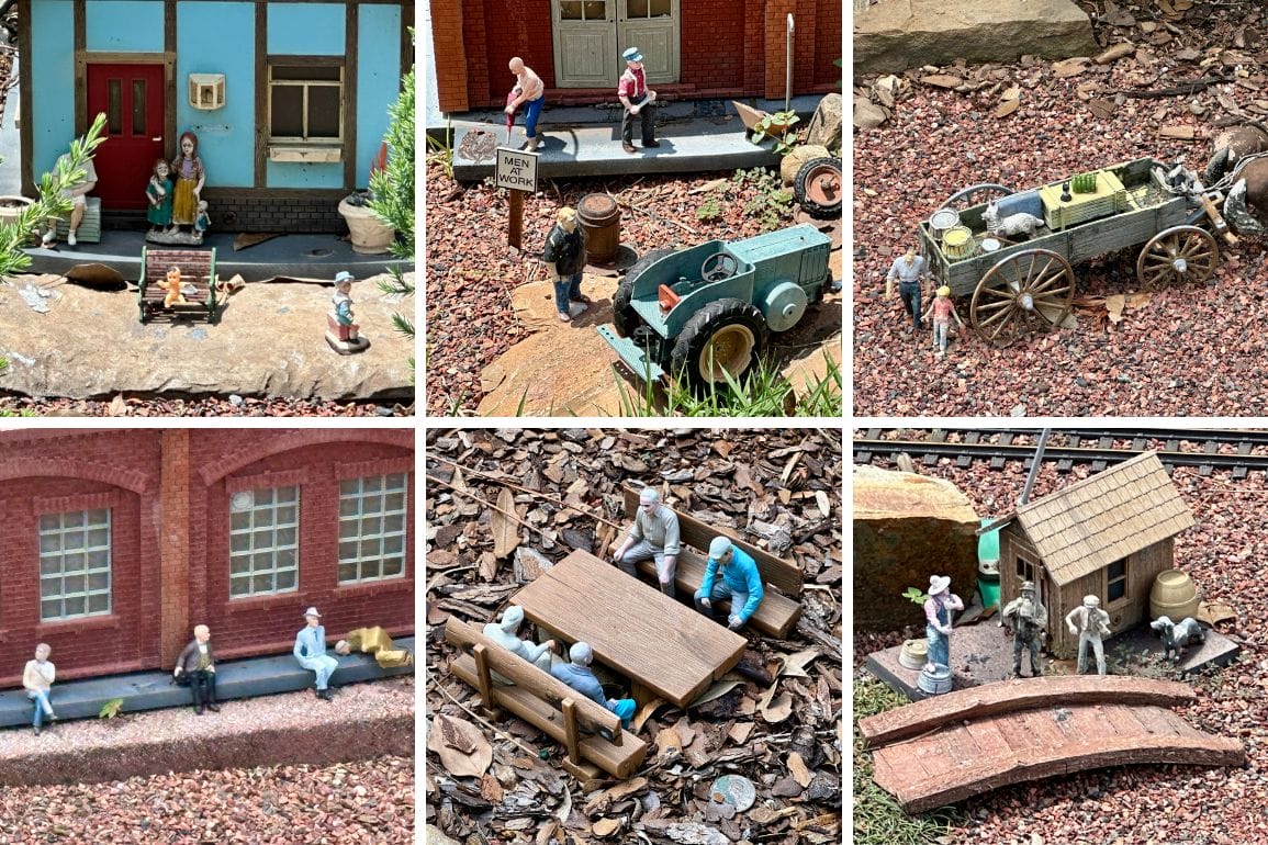Six close-up photos of miniature outdoor scenes, perfect for a Tiny Village Update with figurines, vehicles, and benches.