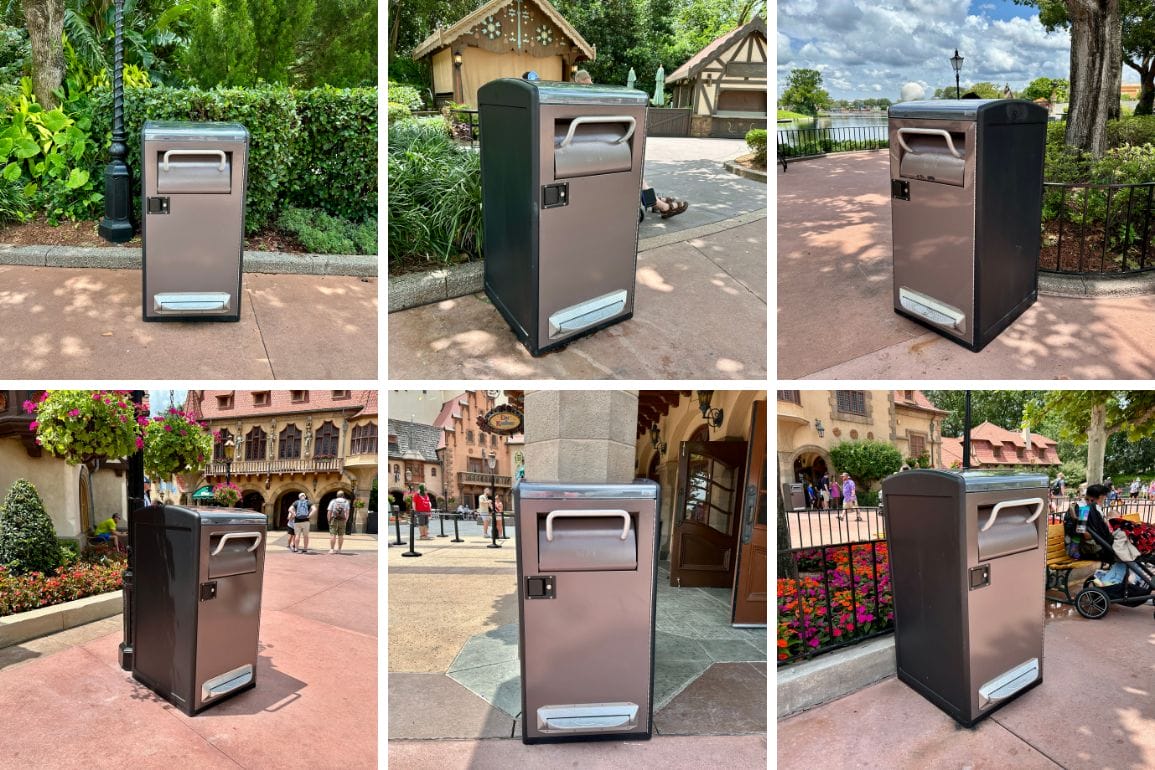 A stainless steel trash can appears in six EPCOT outdoor locations during the Tiny Village Update.