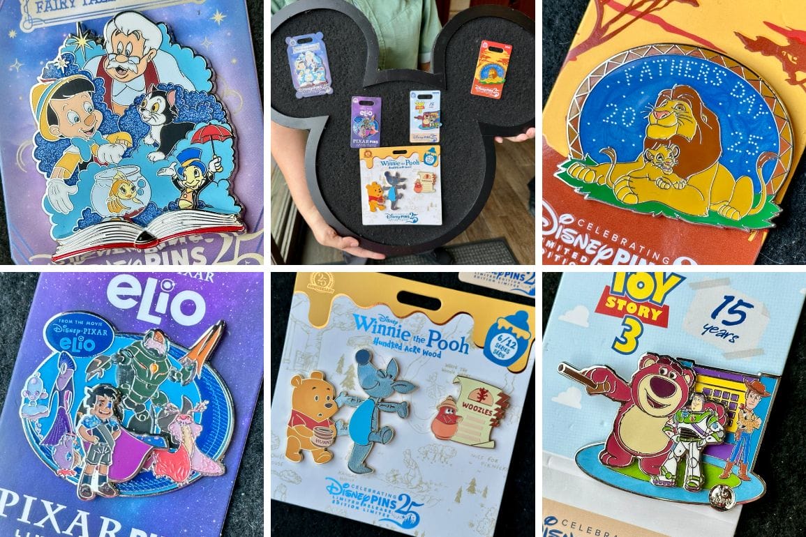 A collage of six colorful Disney trading pins from EPCOT, featuring Pinocchio, Lion King, Pooh, and Toy Story.