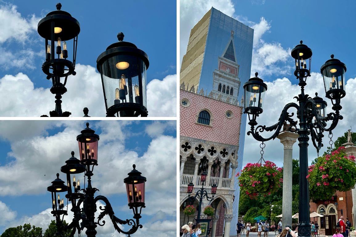 Collage of ornate black lampposts and a building with a tall tower at EPCOT against a blue sky with clouds.