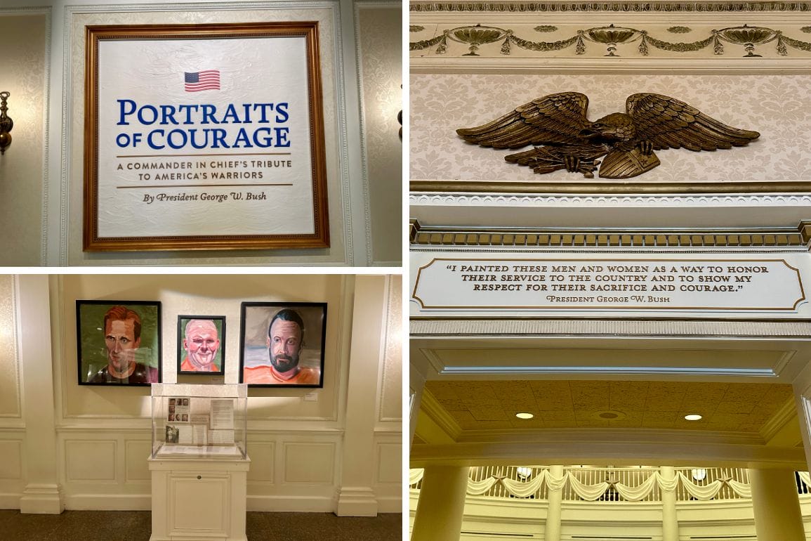 A museum exhibit displays “Portraits of Courage” signs, veteran paintings, and a golden eagle from EPCOT on the wall.