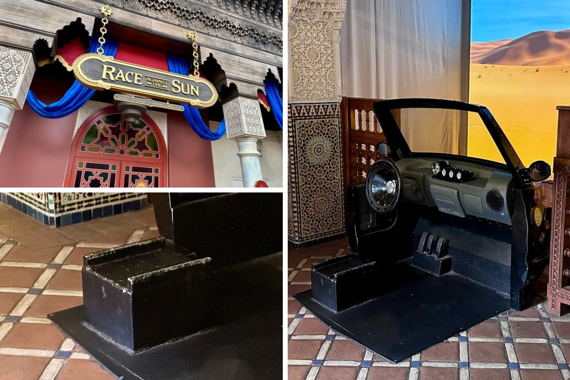 Three views: a “Race Against the Sun” sign, EPCOT vibes, and two shots of a black vehicle simulation setup indoors.