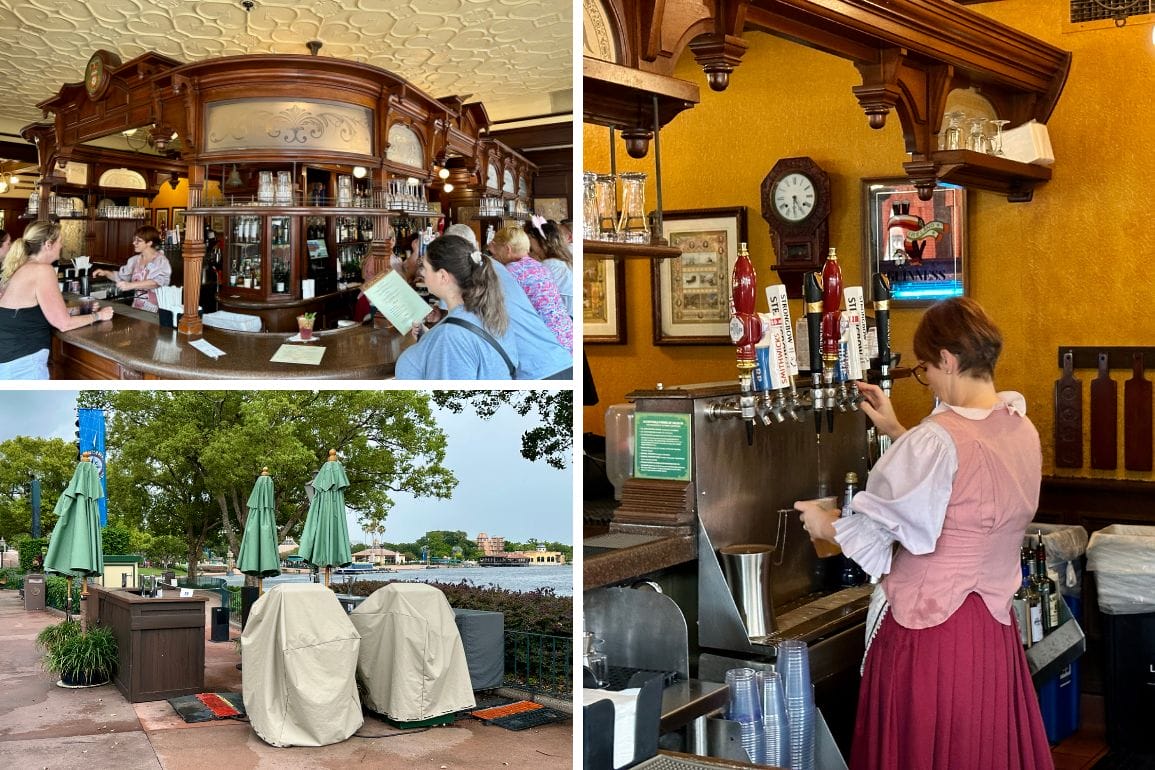 Collage: people at a vintage bar, bartender pouring drinks, and EPCOT patio furniture with green umbrellas.