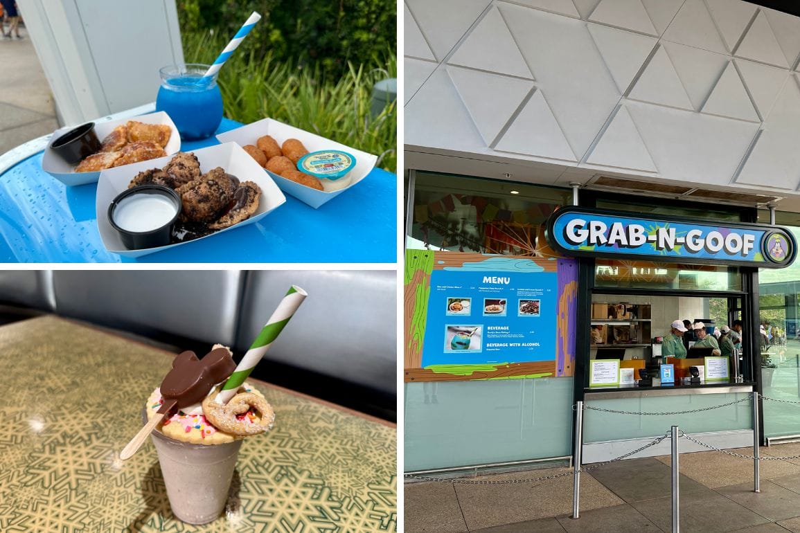 Collage of EPCOT theme park snacks, a blue drink, a milkshake, and the Grab-N-Goof food stand with a visible menu.