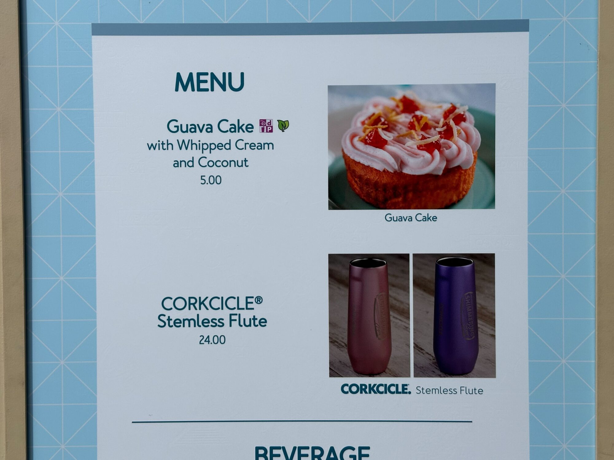 Menus (With Prices) for 2024 EPCOT International Food & Wine Festival 62 A menu at the food & wine festival displays a guava cake with whipped cream and coconut for $5.00, alongside images of two Corkcicle stemless flutes priced at $24.00 each.