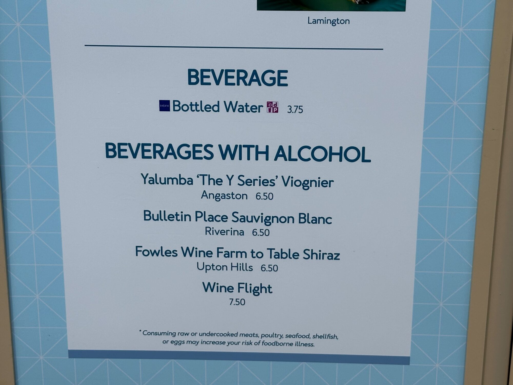 Menus (With Prices) for 2024 EPCOT International Food & Wine Festival 15 Sign showcasing a beverage menu with prices for bottled water and various alcoholic beverages, including Yalumba Viognier, Bulletin Place Sauvignon Blanc, Fowles Shiraz, and a wine flight. Perfect for any food & wine festival!