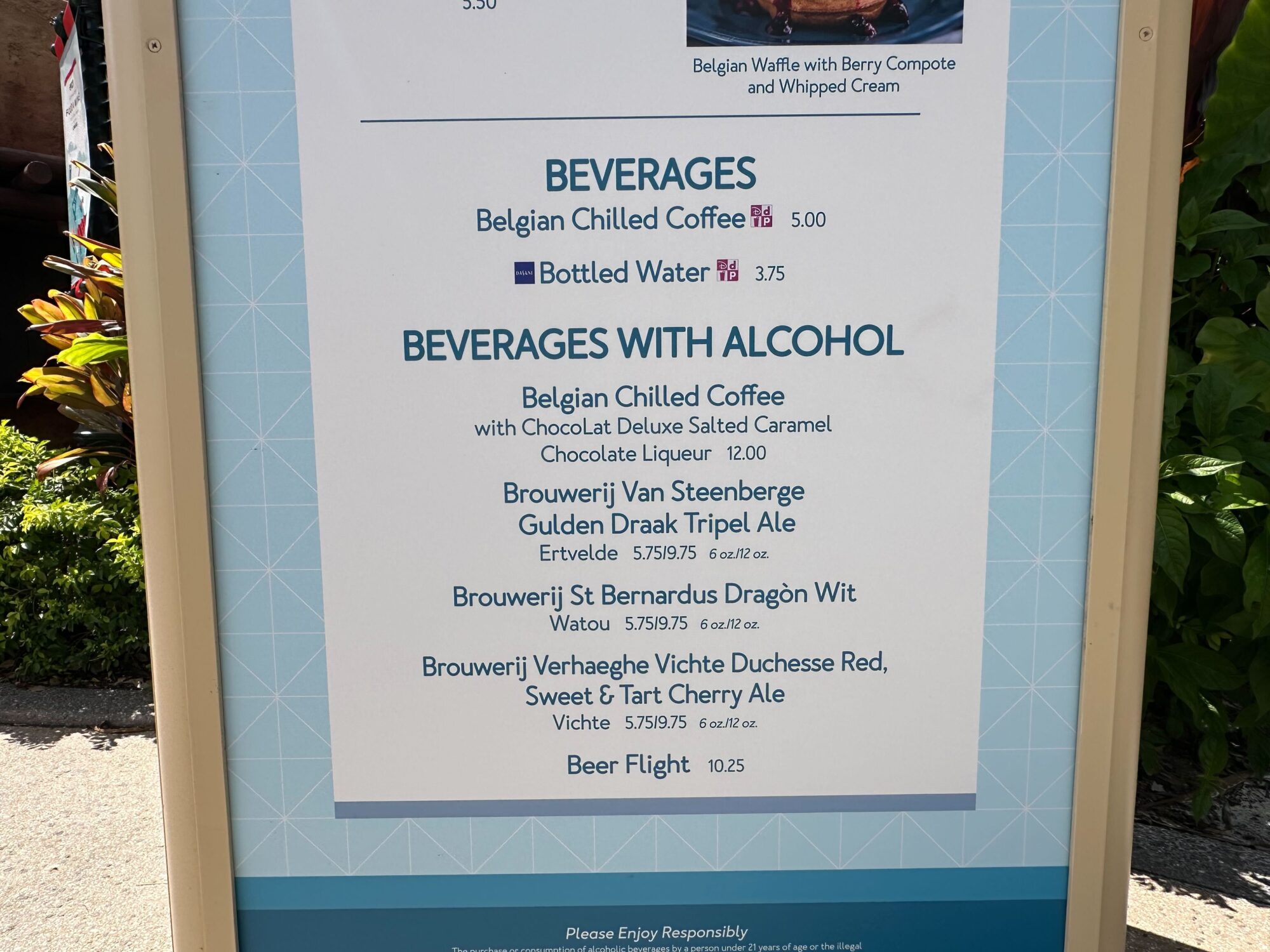 Menus (With Prices) for 2024 EPCOT International Food & Wine Festival 49 Discover our curated menu at the food & wine festival, featuring beverages such as Belgian Chilled Coffee, bottled water, and a selection of alcoholic drinks including Brouwerij Van Steenberge Gulden Draak Tripel Ale and an intriguing Beer Flight.