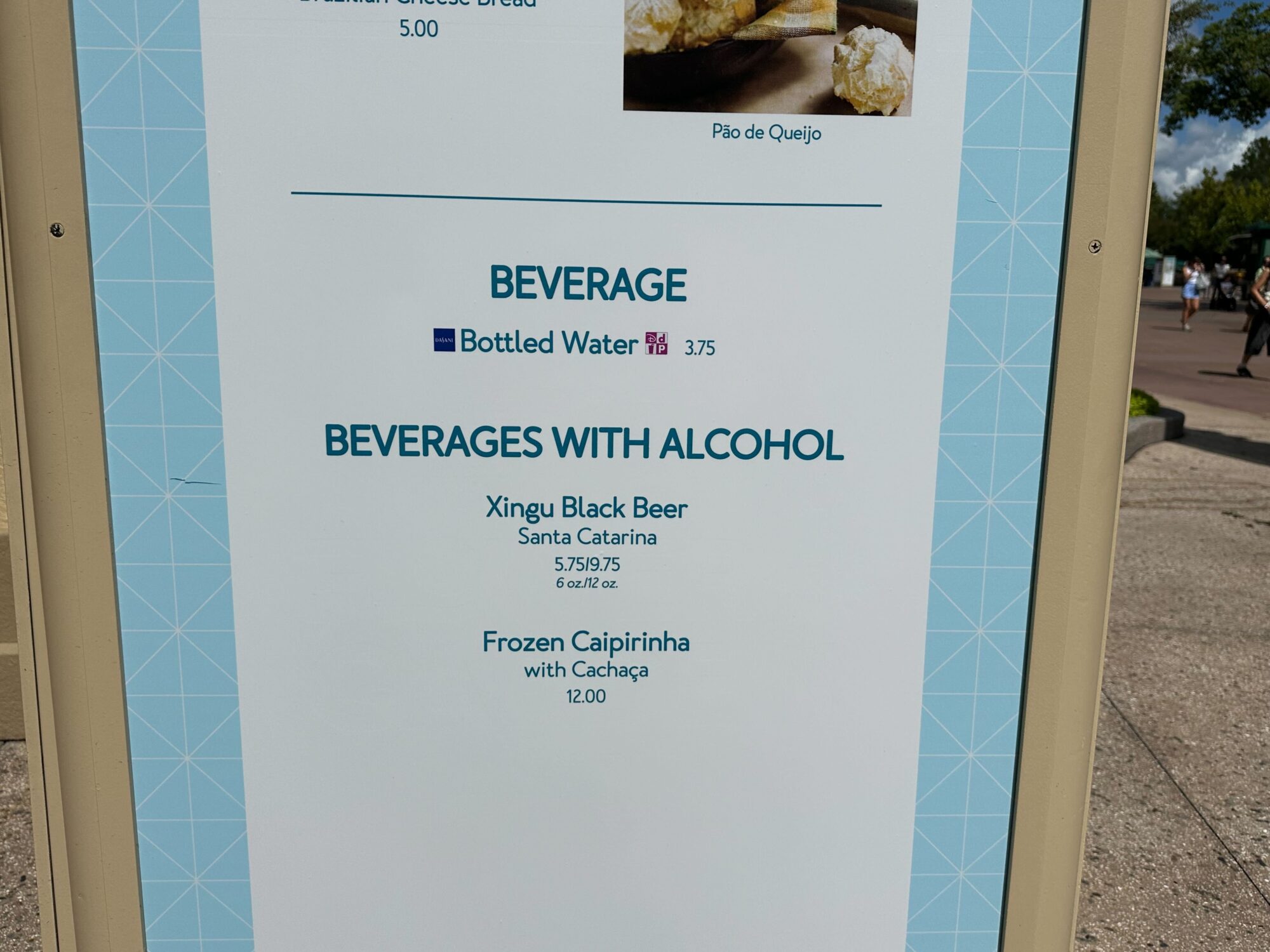 Menus (With Prices) for 2024 EPCOT International Food & Wine Festival 52 Menu board listing beverages, including bottled water for $3.75, Xingu Black Beer from Santa Catarina for $5.75, and a Frozen Caipirinha with cachaça for $12.00—perfect for any food & wine festival celebration.