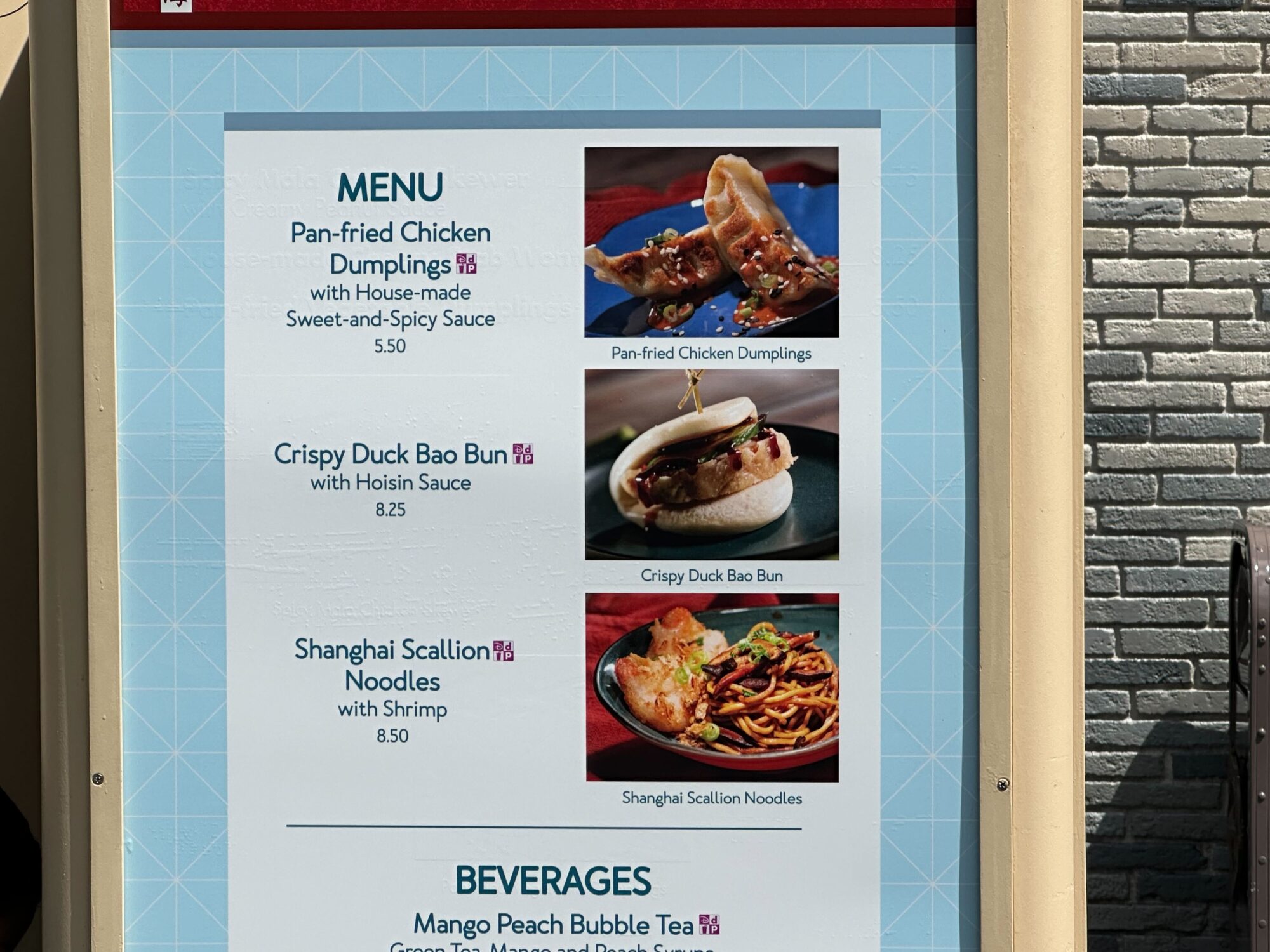 Menus (With Prices) for 2024 EPCOT International Food & Wine Festival 20 A food & wine festival-inspired menu listing pan-fried chicken dumplings, crispy duck bao bun, and Shanghai scallion noodles with shrimp. There's also a section for beverages, featuring mango peach bubble tea.