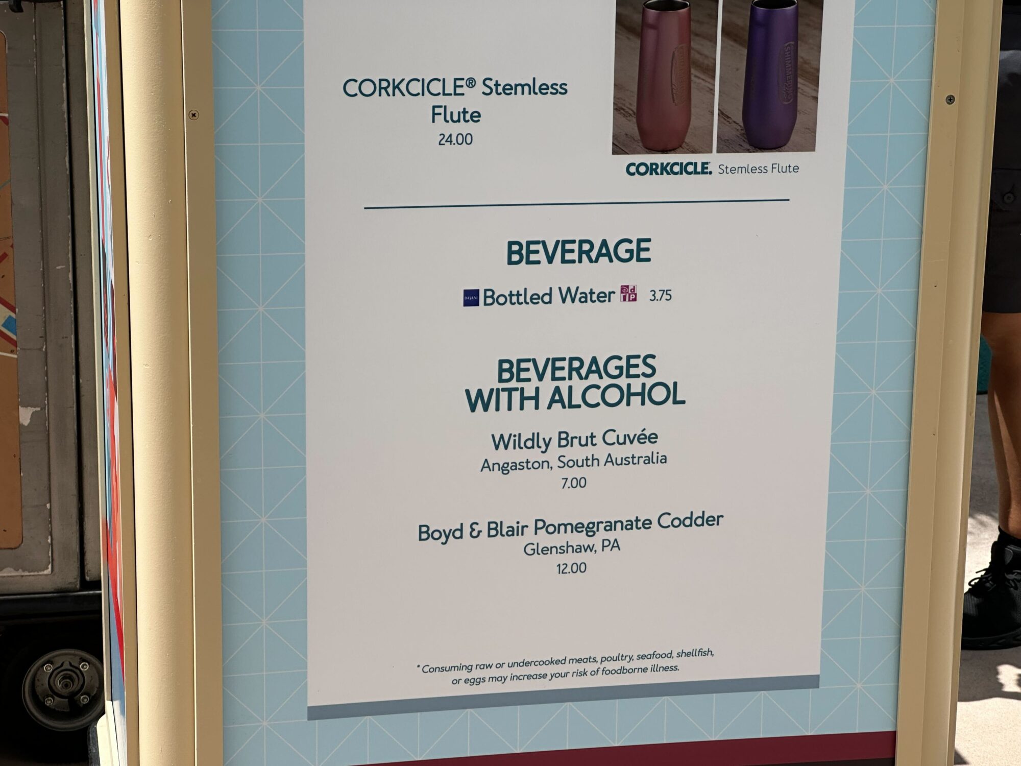 Menus (With Prices) for 2024 EPCOT International Food & Wine Festival 6 A beverage menu perfect for a food & wine festival, featuring bottled water for $3.75 and a variety of alcoholic beverages, including Wildly Brut Cuvée for $7.00 and Boyd & Blair Pomegranate Codder for $12.00.