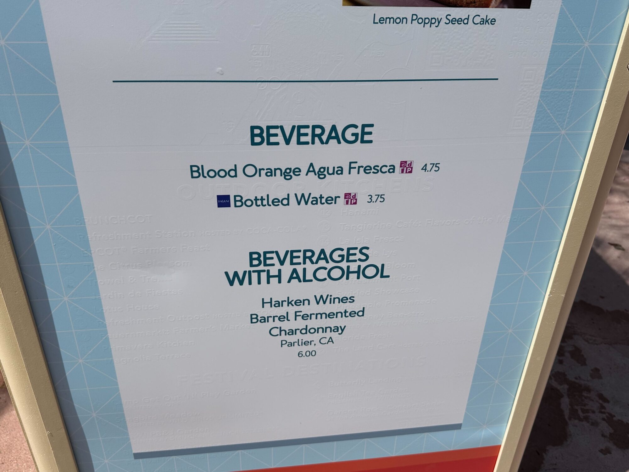 Menus (With Prices) for 2024 EPCOT International Food & Wine Festival 75 Menu showcasing beverage options, perfect for a food & wine festival, includes Blood Orange Agua Fresca, Bottled Water, and Harken Wines Barrel Fermented Chardonnay from Parlier, CA.