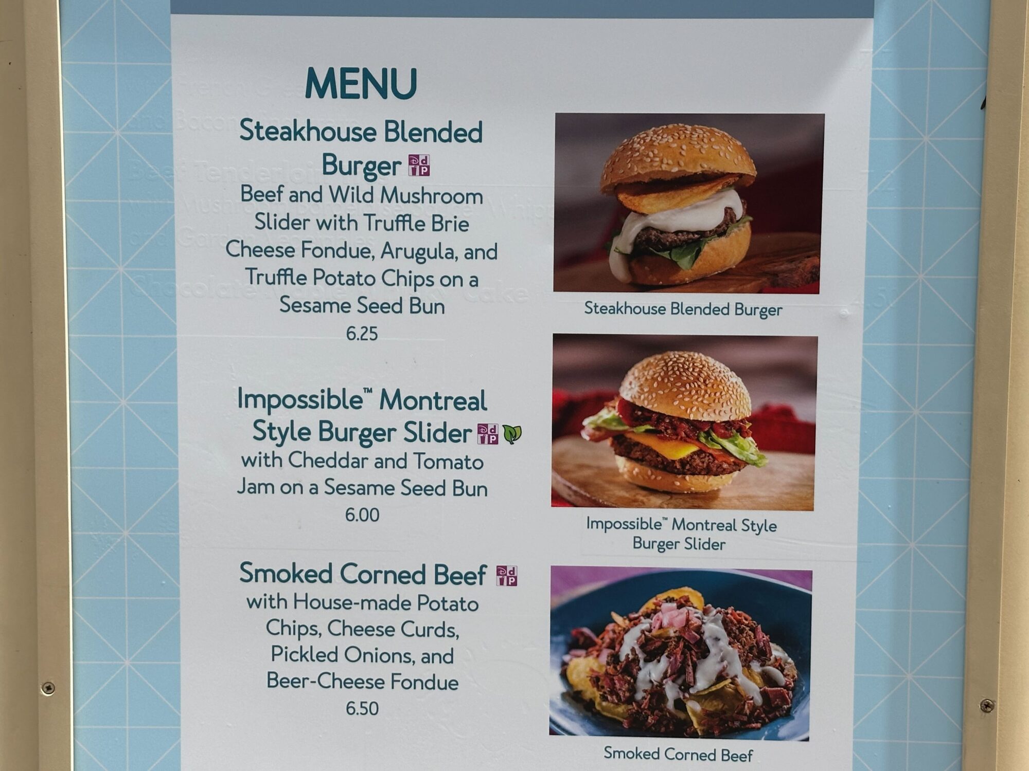 Menus (With Prices) for 2024 EPCOT International Food & Wine Festival 11 Discover our special menu crafted for the food & wine festival: Savor the Steakhouse Blended Burger, the Impossible™ Montreal Style Burger Slider, and delectable Smoked Corned Beef. Each item features a detailed description and price.
