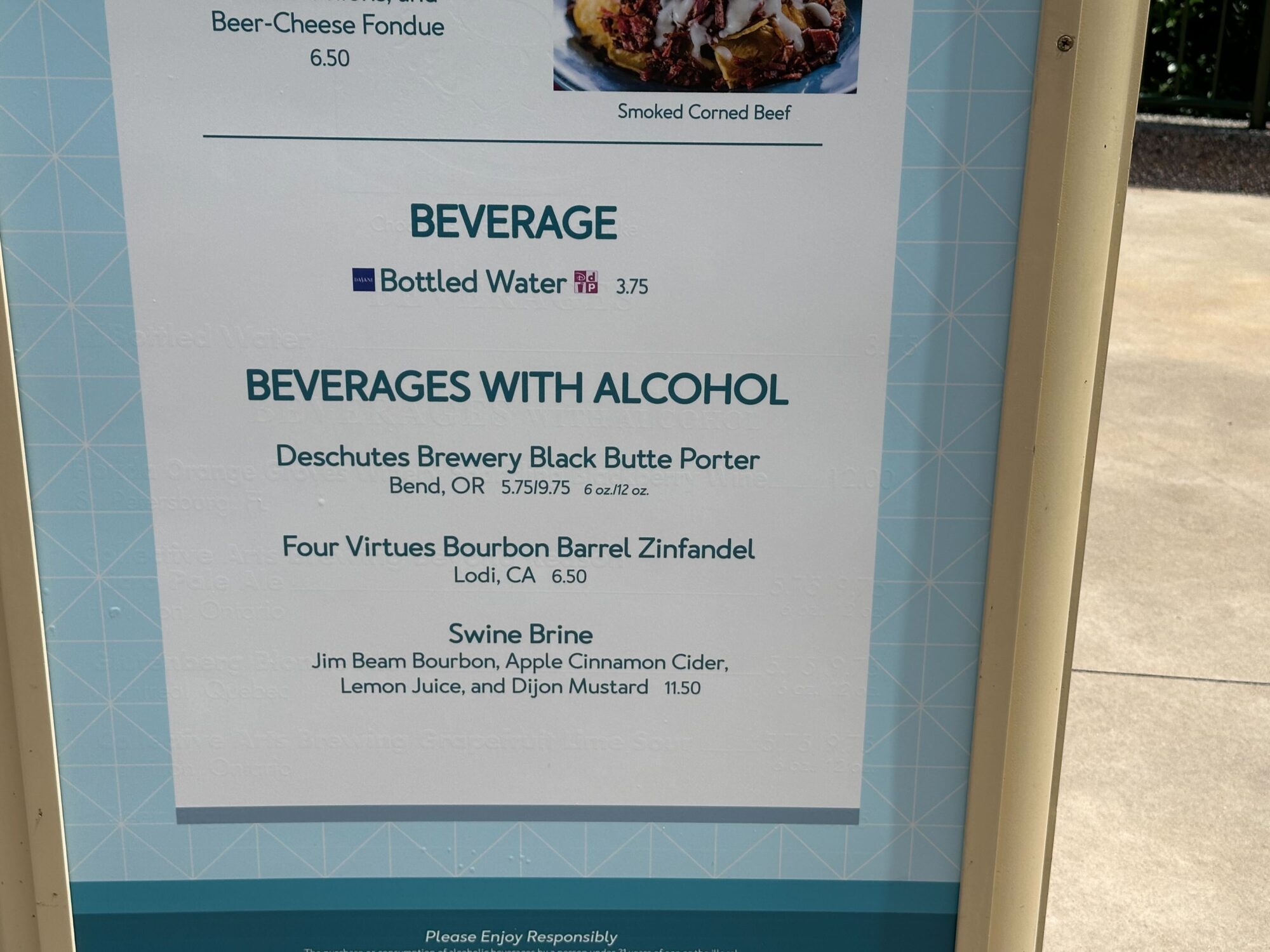 Menus (With Prices) for 2024 EPCOT International Food & Wine Festival 12 A menu lists beverages with alcohol, including Deschutes Brewery Black Butte Porter, Four Virtues Bourbon Barrel Zinfandel, and Swine Brine, along with their prices—perfect offerings for the food & wine festival.