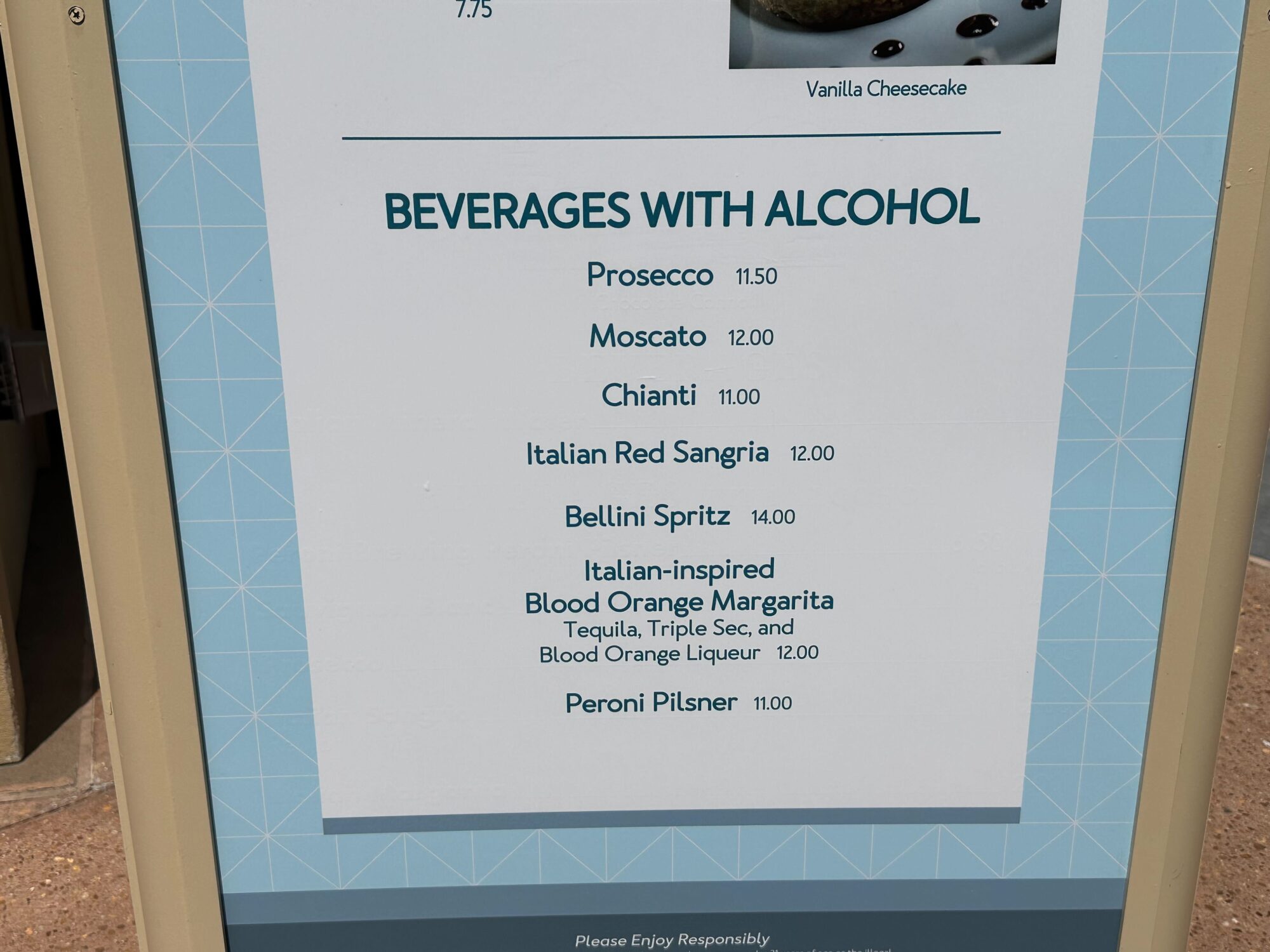 Menus (With Prices) for 2024 EPCOT International Food & Wine Festival 39 A menu listing alcoholic beverages for a food & wine festival, featuring Prosecco, Moscato, Chianti, Italian Red Sangria, Bellini Spritz, Italian-inspired Blood Orange Margarita, and Peroni Pilsner, complete with prices.
