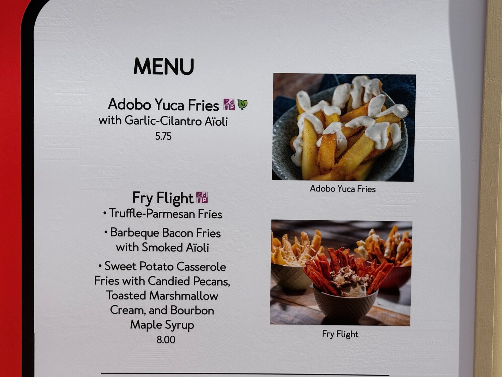 Menus (With Prices) for 2024 EPCOT International Food & Wine Festival 8 A menu from the food & wine festival features Adobo Yuca Fries with Garlic-Cilantro Aioli for $5.75 and a Fry Flight for $8.00. Images showcase the delicious Adobo Yuca Fries and the diverse Fry Flight options.