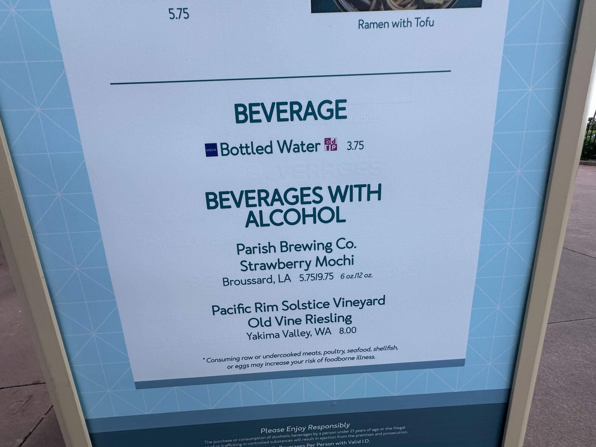 Menus (With Prices) for 2024 EPCOT International Food & Wine Festival 18 A sign displaying beverage options for the food & wine festival, including bottled water for $3.75, and two alcoholic beverages: Parish Brewing Co. Strawberry Mochi for $5.75/$9.75 and Pacific Rim Solstice Vineyard Old Vine Riesling for $8.00, graces the event's menus.