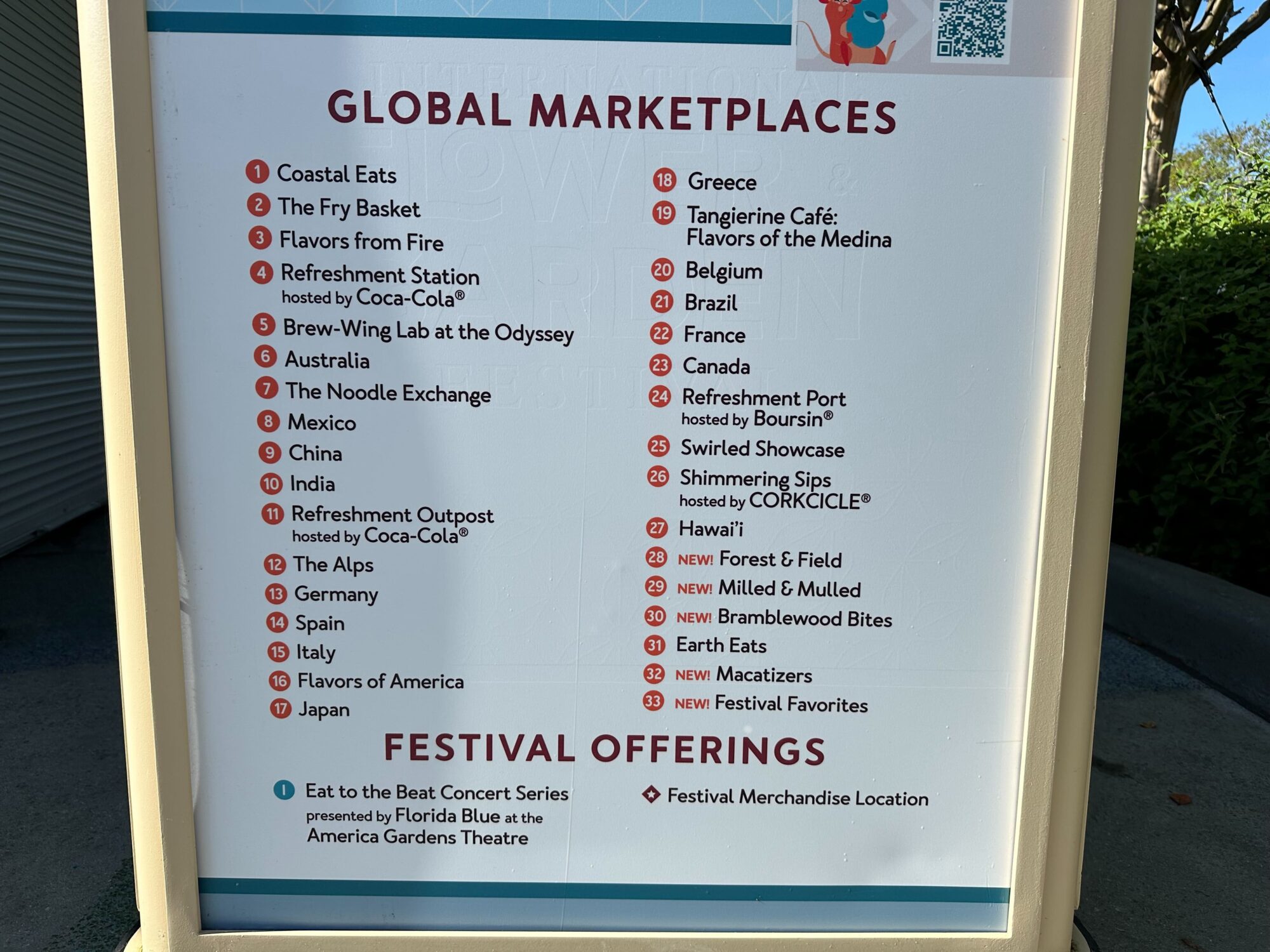 Menus (With Prices) for 2024 EPCOT International Food & Wine Festival 3 A sign lists various global marketplaces and festival offerings, including food and drink options from different countries and regions, displayed at an event.