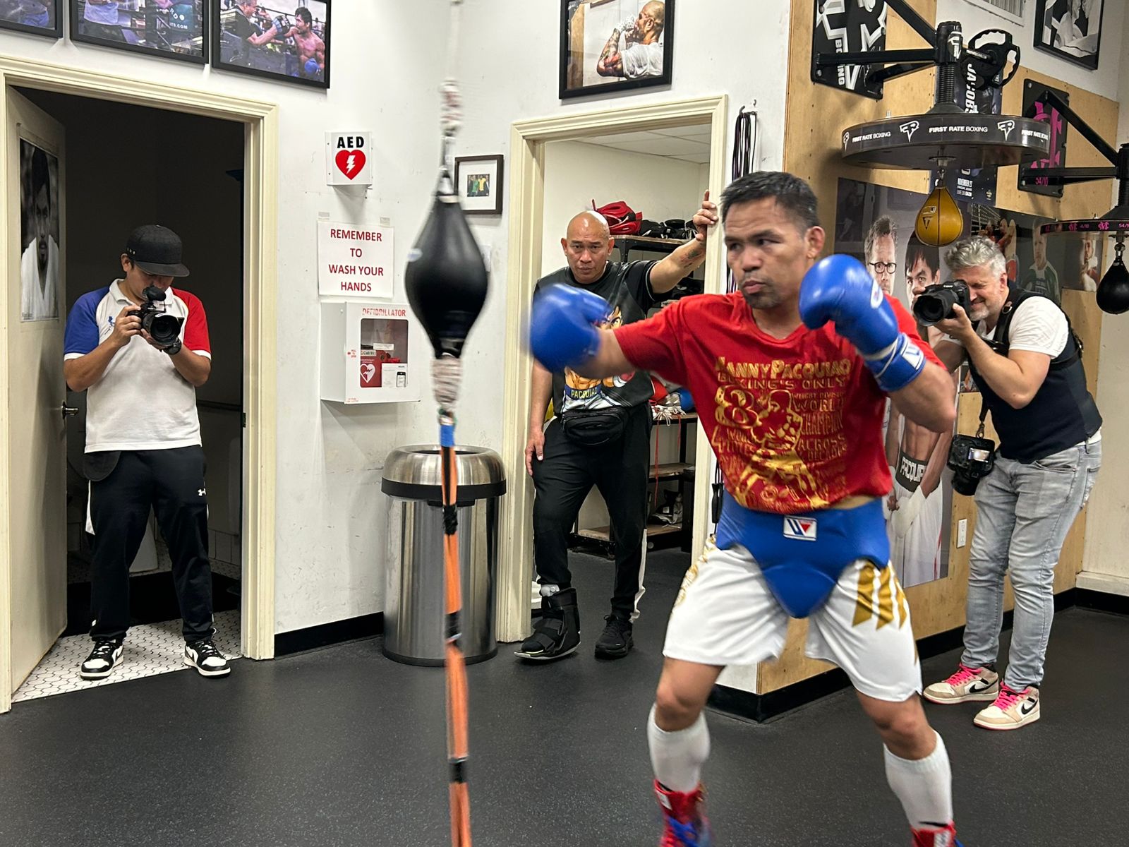 Manny Pacquiao during a training session at Wild Card Gym in Los Angeles. He is preparing for a world title fight against Mario Barrios on July 19 in Las Vegas.