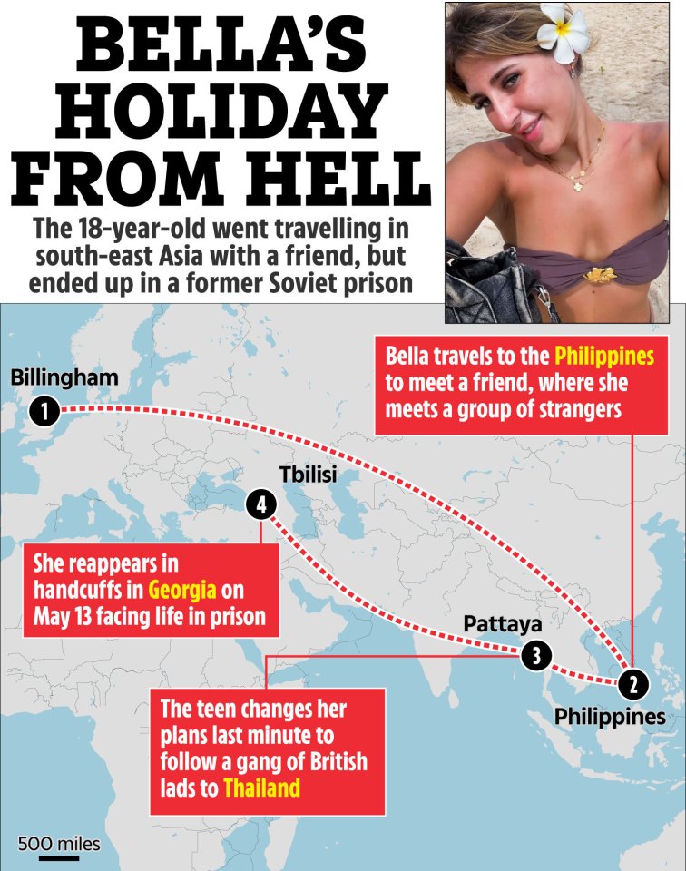 Illustration of a map showing Bella's travel route from England to Georgia, with stops in the Philippines and Thailand, and a photo of Bella.