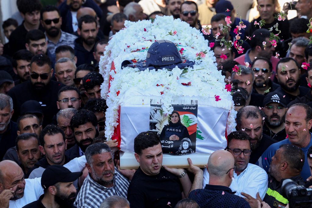 Funeral of journalist Amal Khalil, who was killed in an Israeli strike on Wednesday, in Baisariyeh