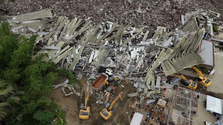 An aerial view after a huge mound of garbage collapsed at a waste segregation facility in Binaliw, Cebu city on Friday, Jan. 9, 2026. (AP Photo/Jacqueline Hernandez)