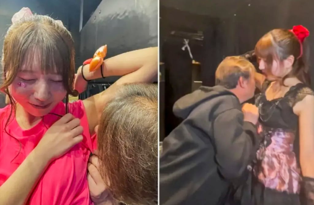 Two separate male fans of Matsumoto sniffing the online performer’s armpits. Photo: QQ.com Two separate male fans of Matsumoto sniffing the online performer’s armpits. Photo: QQ.com