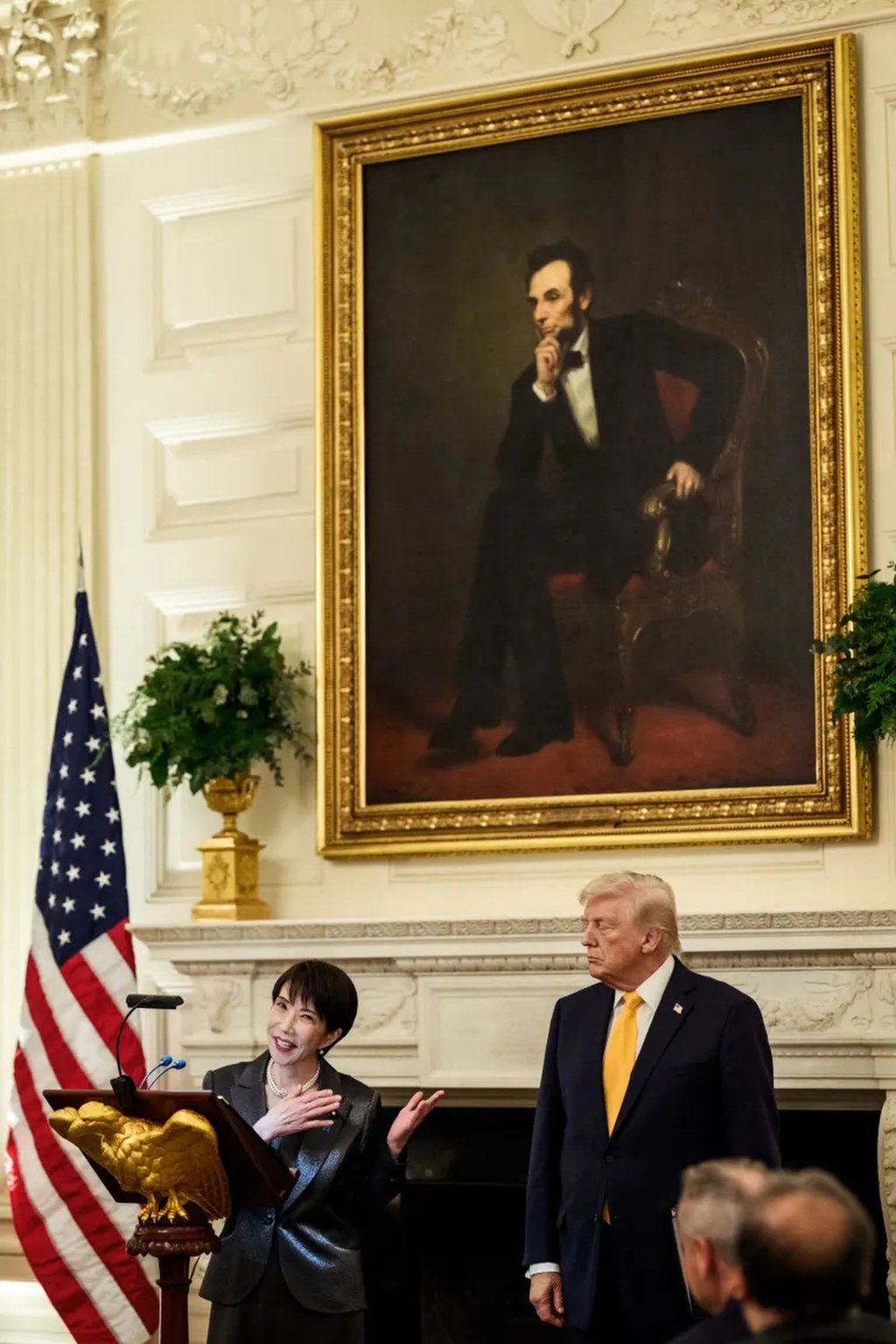 Japanese Prime Minister Sanae Takaichi and US President Donald Trump deliver remarks in the State Dining Room. Photo: Handout Japanese Prime Minister Sanae Takaichi and US President Donald Trump deliver remarks in the State Dining Room. Photo: Handout