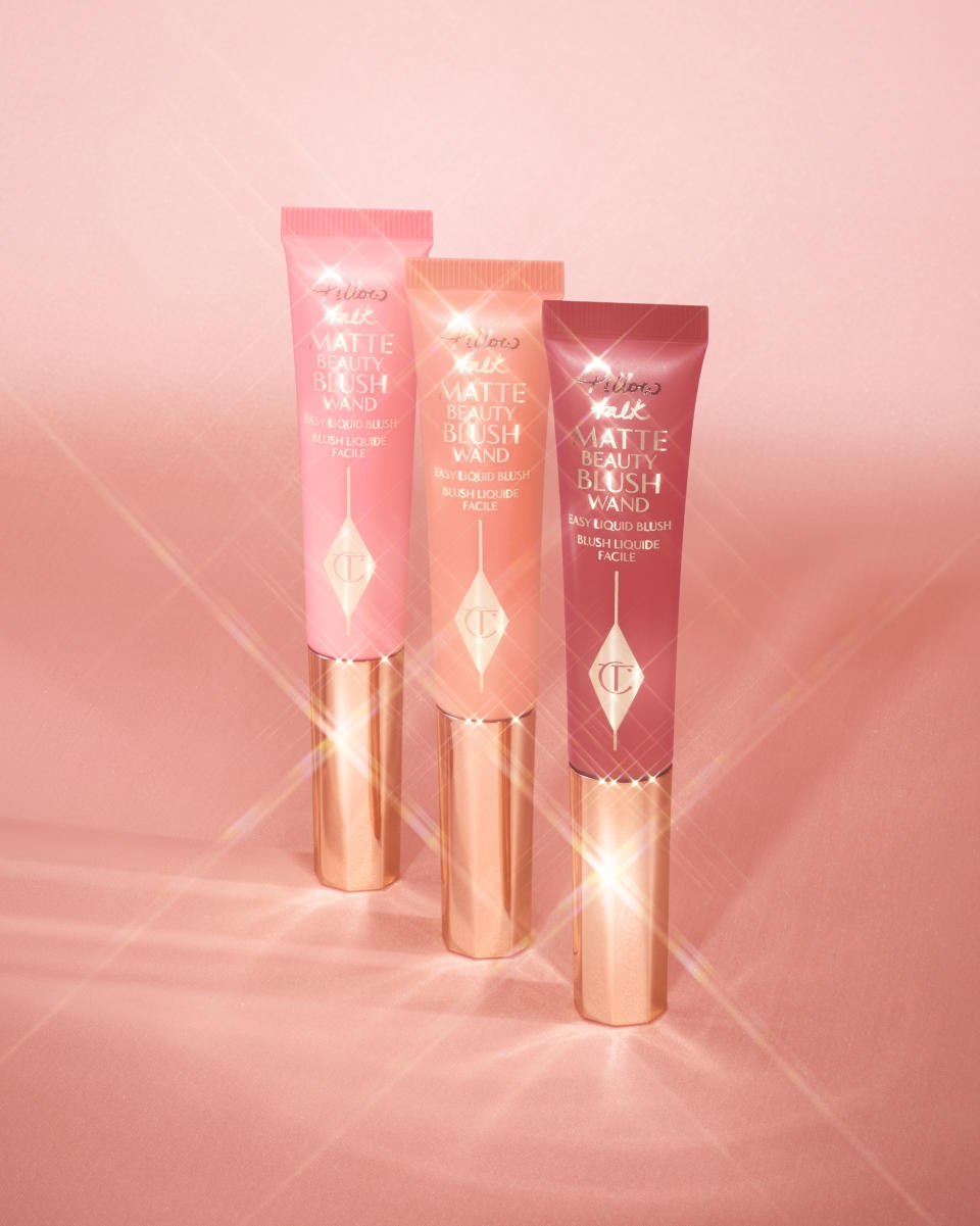 Sephora Exclusive: Charlotte Tilbury Pillow Talk Blush Wand presented in trio with a glow.