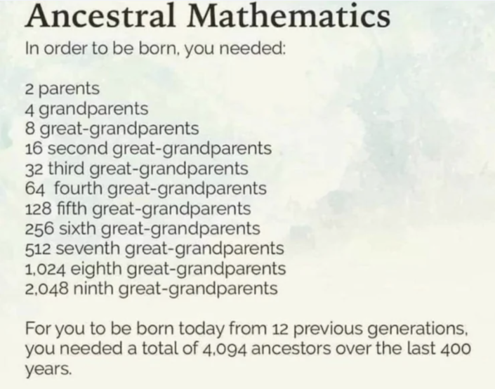 A list of what "you needed" in order to be born, going from 2 parents all the way to 2,048 ninth great-grandparents: "for you to be born today from 12 previous generations, you needed a total of 4,094 ancestors over the last 400 years"