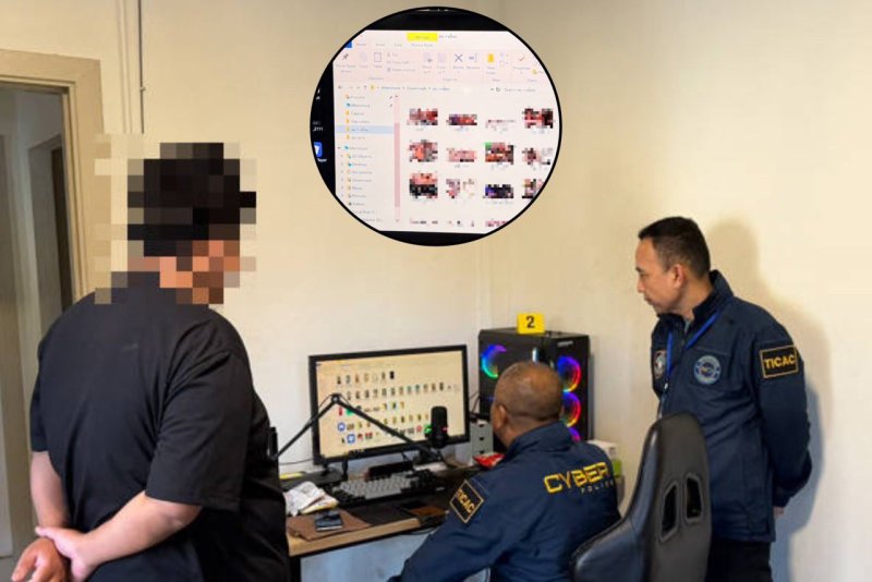 Police officers discover numerous files of child pornography stored on the computer of a suspect who was arrested as part of a nationwide operation. (Photo: Cyber Crime police)