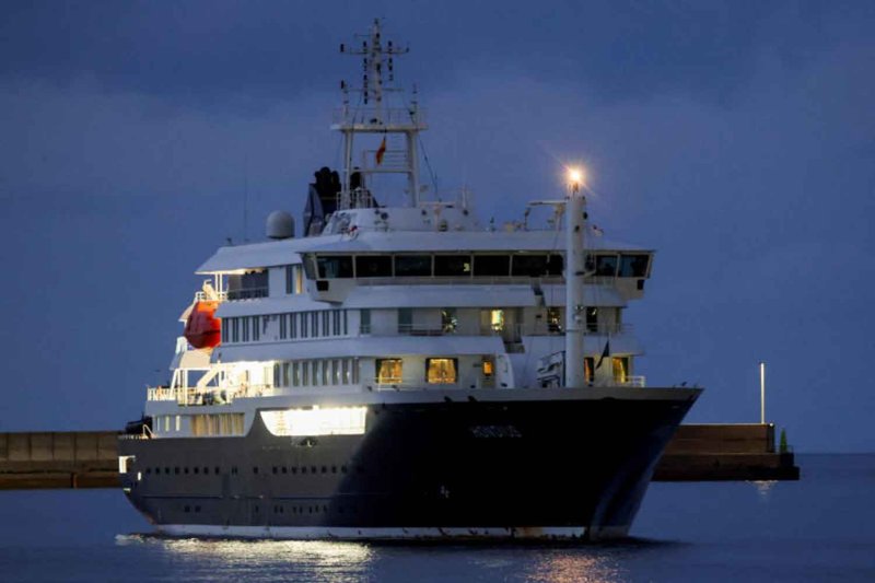 The cruise ship MV Hondius arrives at the port of Granadilla de Abona in Tenerife, Spain, after reporting a hantavirus outbreak, on May 10, 2026. (Photo: Reuters)