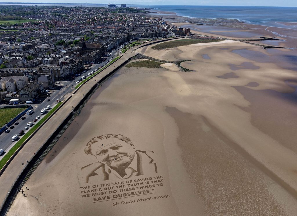 Sand portrait of David Attenborough to mark his 100th birthday in Morecambe