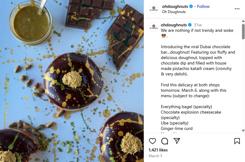 A screen grab of an Instagram post by Winnipeg's Oh Doughnuts from March 5, 2025, advertises doughnuts based on the viral Dubai chocolate bar.