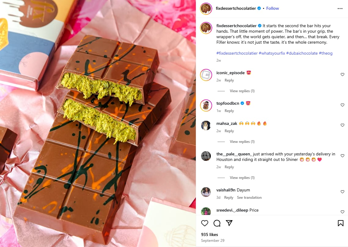 An instagram post by Fix Dessert Chocolatier from Sept. 29, 2025 shows a chocolate bar with a green gooey inside. The caption says: It starts the second the bar hits your hands. That little moment of power. The bar’s in your grip, the wrapper’s off,