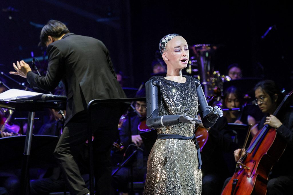 Humanoid robot Sophia performs during a rehearsal with the Hong Kong Baptist University (HKBU) Symphony Orchestra ahead of its 2026 Annual Gala Concert, in Hong Kong