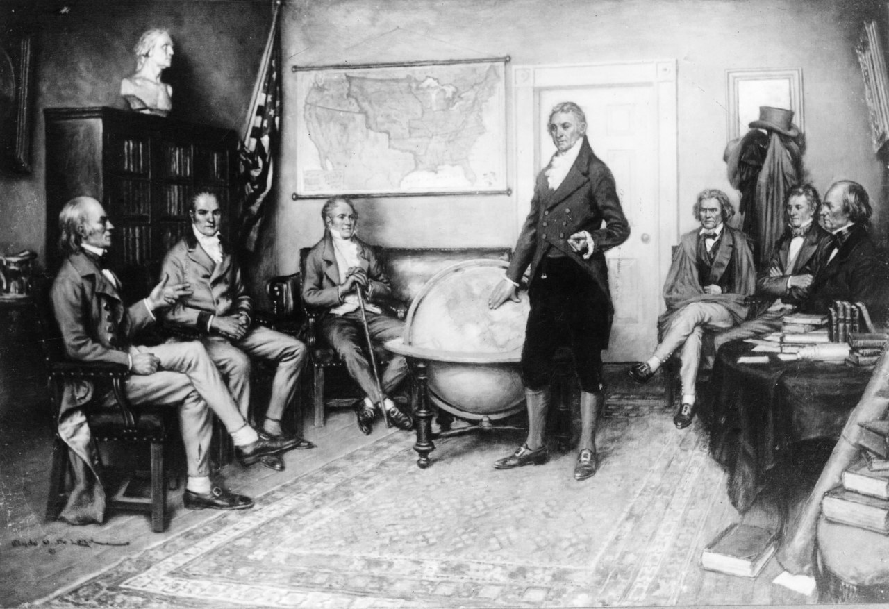 An illustration of President James Monroe discussing his doctrine in 1823. An illustration of President James Monroe discussing his doctrine in 1823.