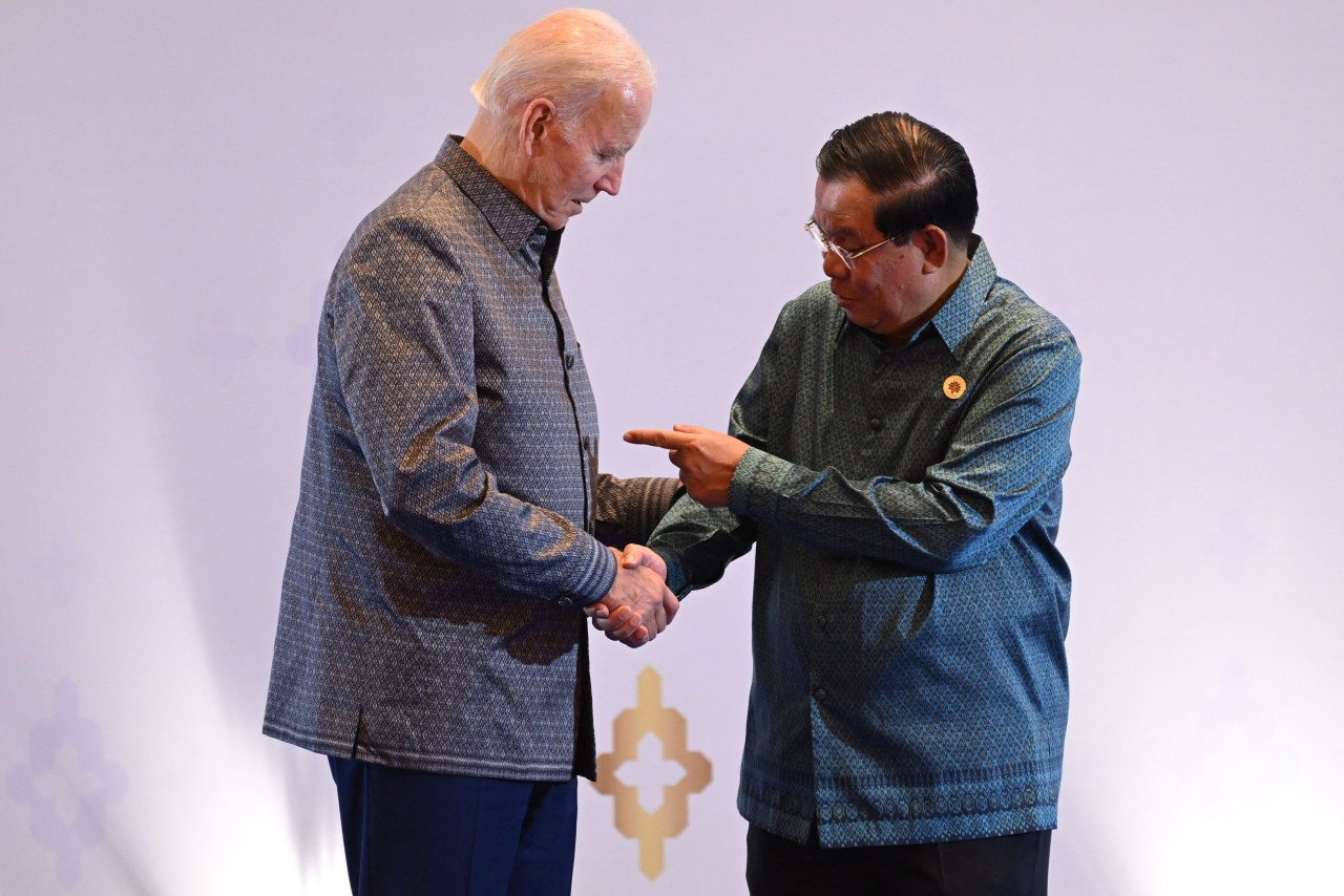 Former President Joe Biden, left, during a November 2022 visit to Phnom Penh, Cambodia, greeting Hun Sen, then the country’s prime minister.