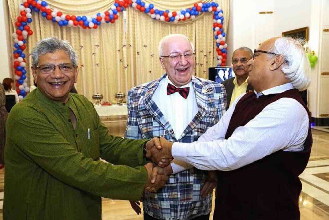 Sitaram Yechury with Russian ambassador Alexander Kadakin and Sudheendra Kulkarni.