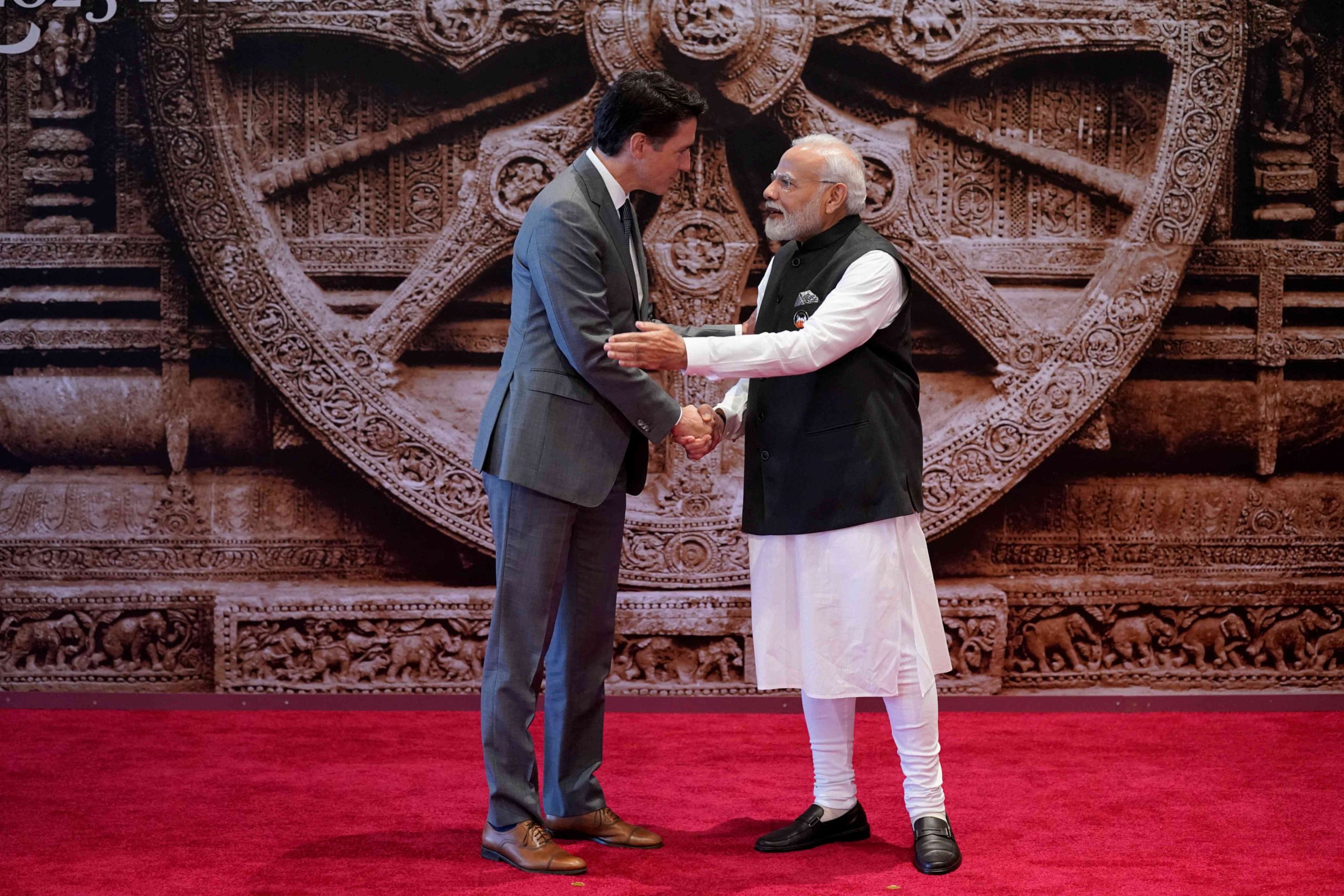 Modi welcoming Trudeau for the G20 Summit in Delhi on Saturday. Credit: Evan Vucci/Pool via Reuters