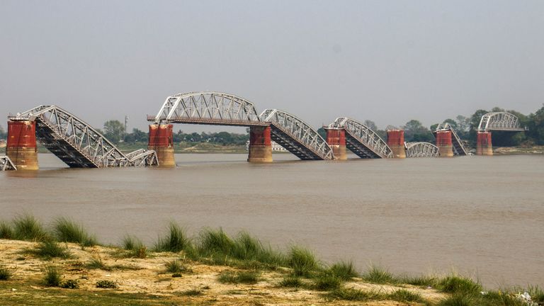 A collapsed bridge is pictured after a strong earthquake, near its epicenter, in Sagaing, Myanmar, March 31, 2025. REUTERS/Stringer
