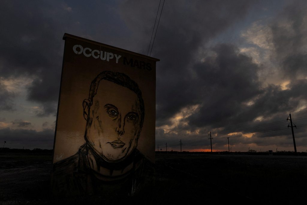 A mural of Elon Musk, during sunset near Starbase as SpaceX prepares to file for an initial public offering (IPO), in Texas